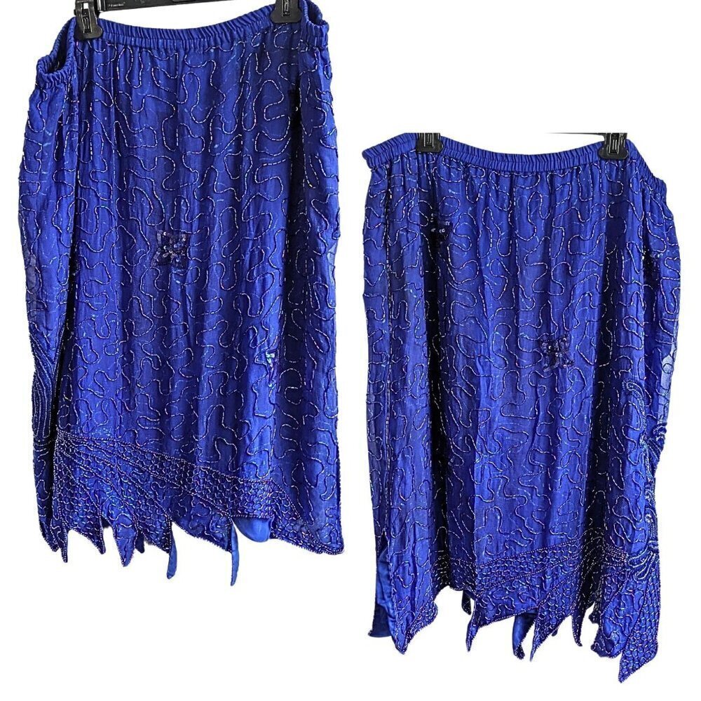 VINTAGE 80s Cobalt Blue Soutache Embellished Zig Zag Hem Midi Skirt Size 2X